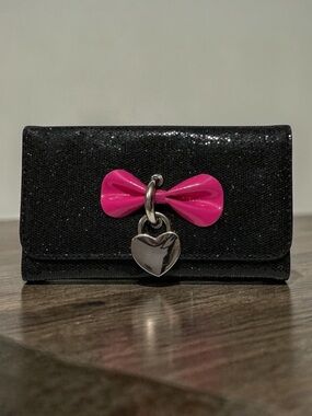 Claire's Black Sequin Wallet with Pink Bow and Heart Locket